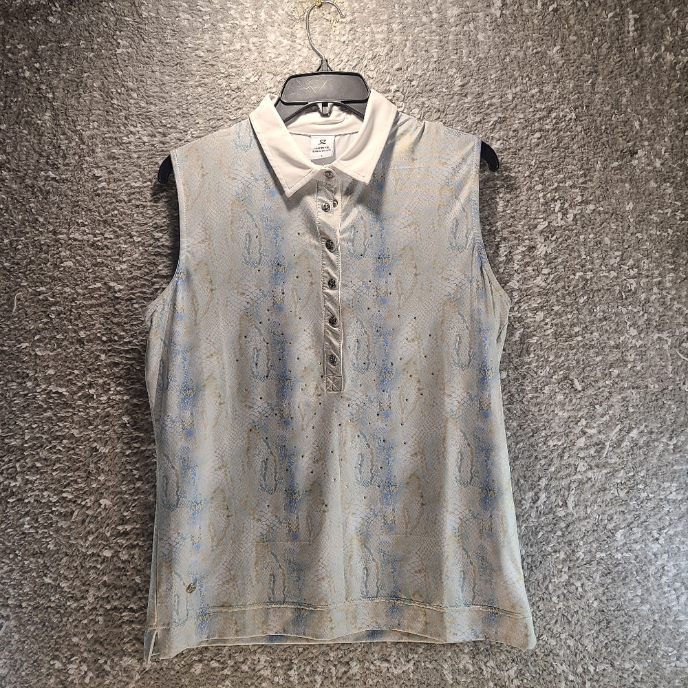 Daily Sports Women Sleeveless Polo Shirt 1/2 Button Up Marble Beaded Polyester
